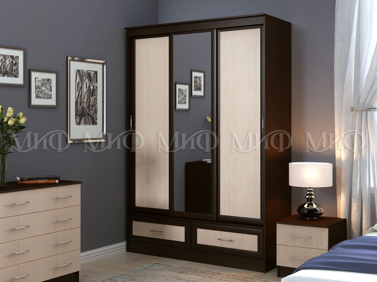 Шкаф-Купе Двухдверный с Зеркалом и Ящиками Майа Венге/Белфорт (Ш-1500×В-2220×Г-576 мм)