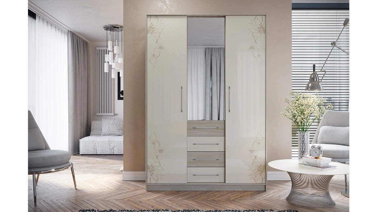 Шкаф-Купе Мадлен Ясень Шимо/Бежевый Глянец с Рисунком (Ш-1506 х В-2203 х Г-560 мм)