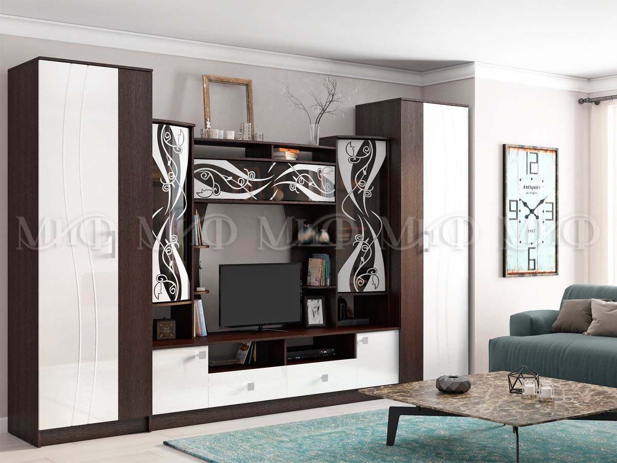 Гостиная Жасмин МДФ №2 Венге/Белый Глянец (Ш-3400 × В-2200 × Г-520 мм)
