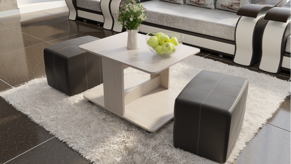 Стол Журнальный с Пуфиками «Капри» Стол Журнальный с Пуфиками «Капри» Дуб Белфорт/Кож.зам Коричневый/Ш-600× Д-800 × В-500 мм