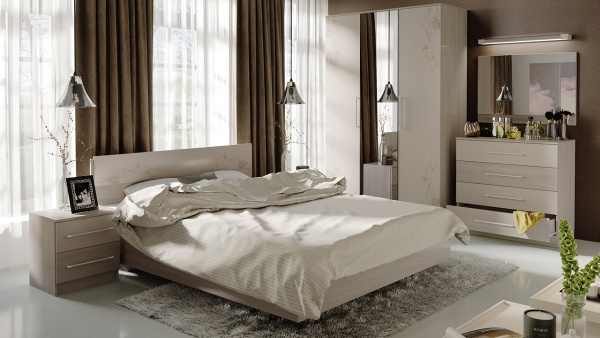 Спальный Гарнитур Мадлен №1 Ясень Шимо/Бежевый Глянец с Рисунком